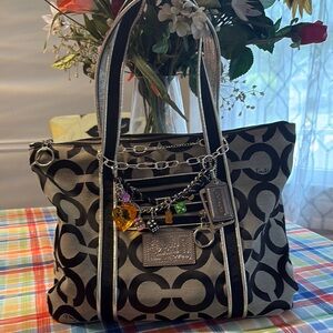 Coach Poppy  Black & Gray Signature Tote with Charm Chain